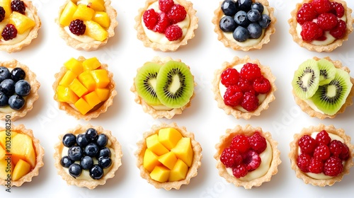 Realistic spread of a selection of mini fruit tarts with various toppings (kiwi, mango, berries) on a white background