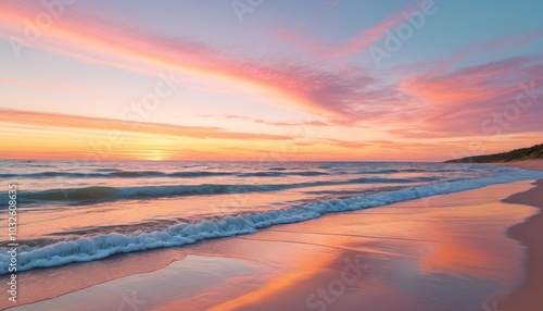 A calming beach sunset, where gentle waves lap against the shore, and pastel colors fill the sky, inviting relaxation and reflection, Generative AI