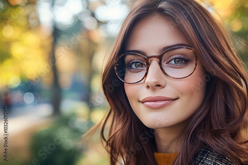 Portrait of a woman with glasses and long brown hair standing outdoors with blurred autumn background expressing confidence and casual style with soft sunlight enhancing natural beauty