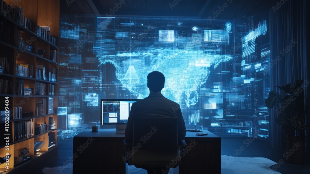A person analyzing data displayed on a digital screen in a modern workspace. A person analyzing data displayed on a digital screen in a modern workspace.