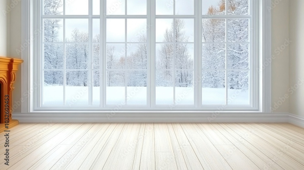 Fototapeta premium An empty room with a fireplace and a large window viewing snow