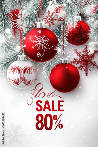 Christmas sale background with red balls and snow.