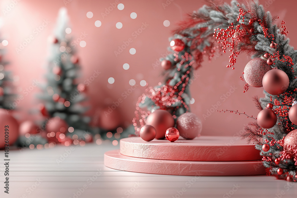 A Christmas scene with a pink background and a wreath of red and green trees A Christmas scene with a pink background and a wreath of red and green trees