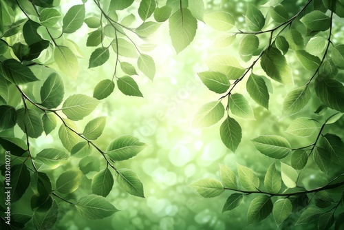 Vibrant green leaves creating a natural canopy with sunlight filtering through emphasizing renewal growth and the interconnected beauty of nature with soft bokeh and light effects
