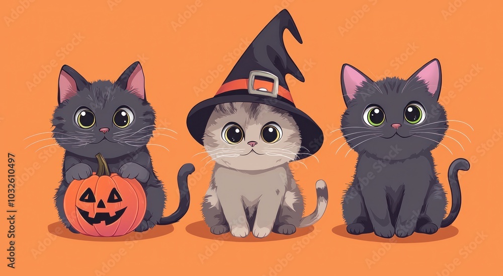 Fototapeta premium three cute cats sitting together in front of orange background, dressed up for halloween with witch hat and pumpkins