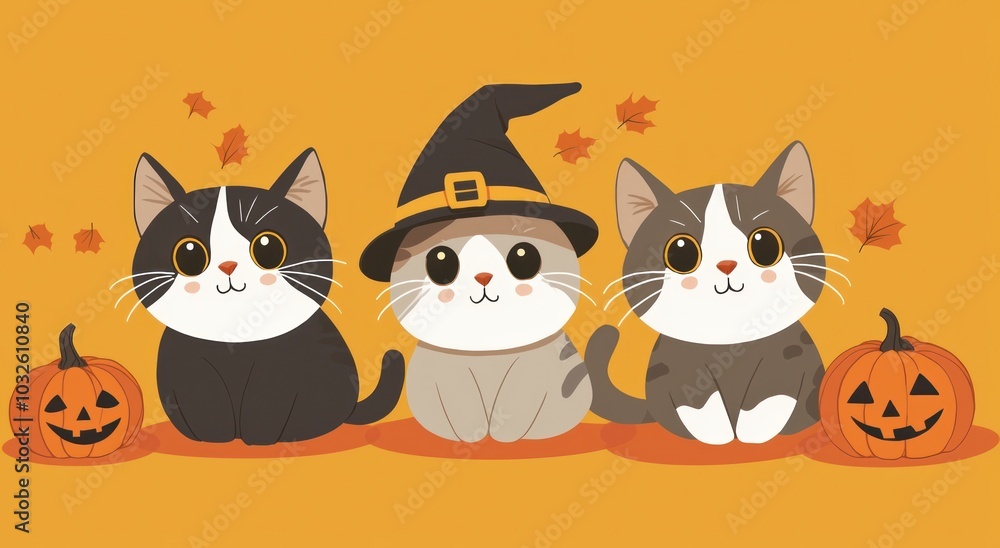 three cute cats sitting together in front of orange background, dressed up for halloween with witch hat and pumpkins three cute cats sitting together in front of orange background, dressed up for halloween with witch hat and pumpkins
