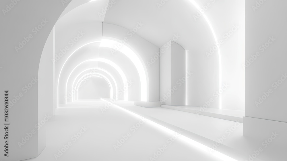 A minimal 3D space with glowing white lights, geometric walls, and a futuristic tunnel design, showcasing a modern stage floor in a clean, tech-inspired environment. A minimal 3D space with glowing white lights, geometric walls, and a futuristic tunnel design, showcasing a modern stage floor in a clean, tech-inspired environment.