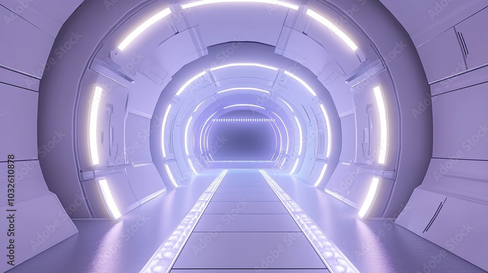 Fototapeta premium A minimalistic 3D room with glowing white lights along the walls, featuring a sleek futuristic stage floor leading into an abstract tunnel, creating a sci-fi atmosphere.
