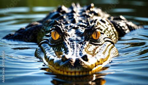 A crocodile emerging from the water with only its eyes visible above the surface, creating a mysterious and intense scene, Generative AI