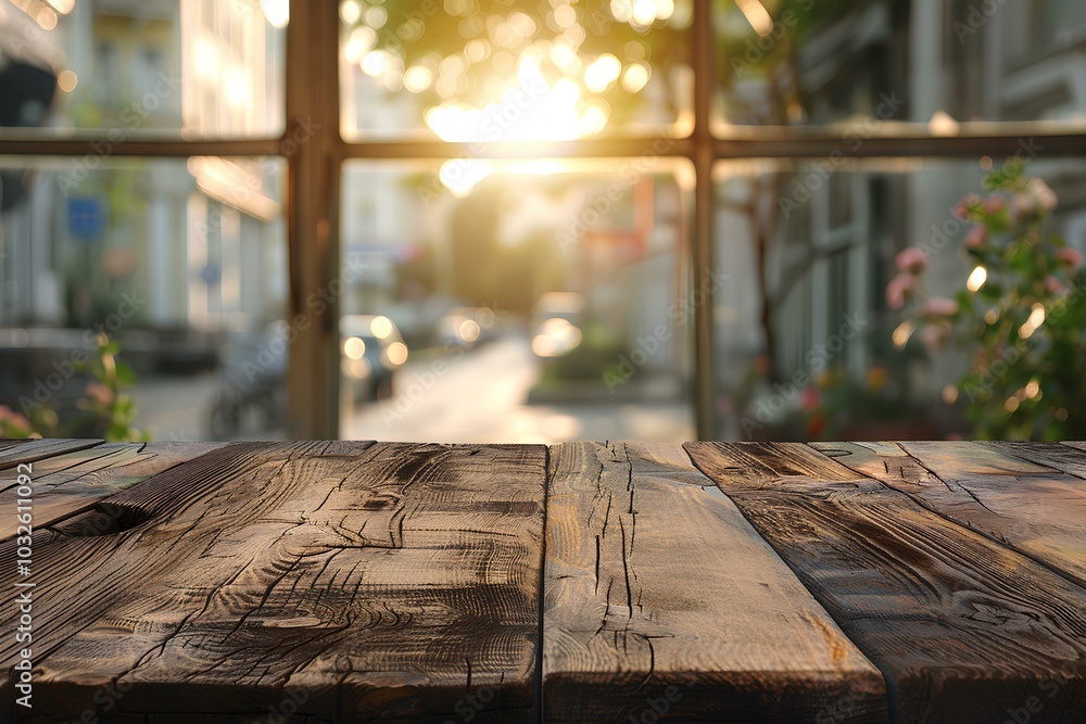 A wooden table sitting in front of a window A wooden table sitting in front of a window