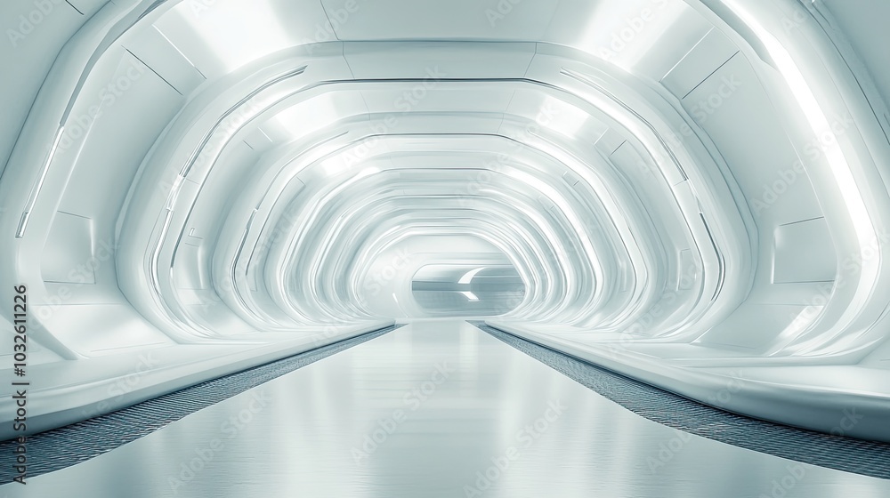 Abstract white lights glow on the walls of an empty 3D room with a futuristic stage floor, leading to a sleek tunnel design, giving a modern, minimalist feel. Abstract white lights glow on the walls of an empty 3D room with a futuristic stage floor, leading to a sleek tunnel design, giving a modern, minimalist feel.