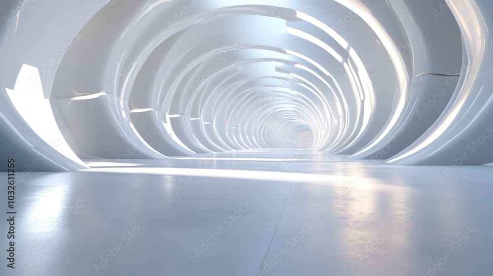 Fototapeta premium An empty, minimalistic 3D room with glowing white walls, featuring a polished futuristic stage floor and an abstract tunnel design, evoking a high-tech, modern setting.
