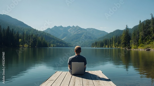 Fototapeta Naklejka Na Ścianę i Meble -  A man with short-cropped hair working on his laptop from the edge of a dock, with a peaceful mountain lake stretching out in front of him. The quiet and the natural beauty of the scene create a
