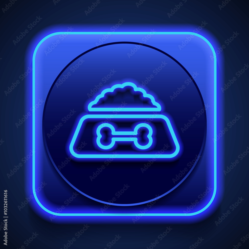 Dog bowl simple icon vector. Flat design. Blue neon style on button. With shadow Dog bowl simple icon vector. Flat design. Blue neon style on button. With shadow