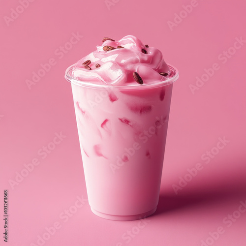 Pink drink with whipped cream and chocolate swirls in a glass on a marble table, surrounded by fresh berries and mint leaves.