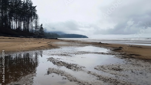 An empty beach at low tide under cloudy skies with reflections and distant hills