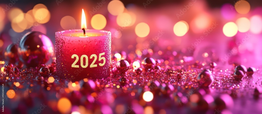 A burning candle with the year 2025 on it surrounded by festive A burning candle with the year 2025 on it surrounded by festive