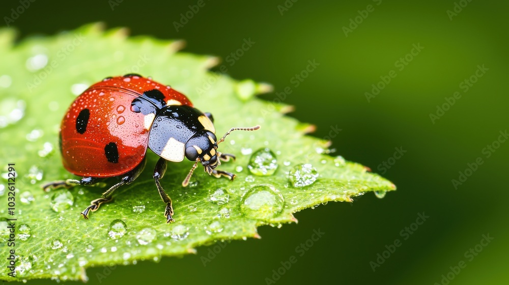 Fototapeta premium Ladybug on a green leaf with water droplets, natural background.