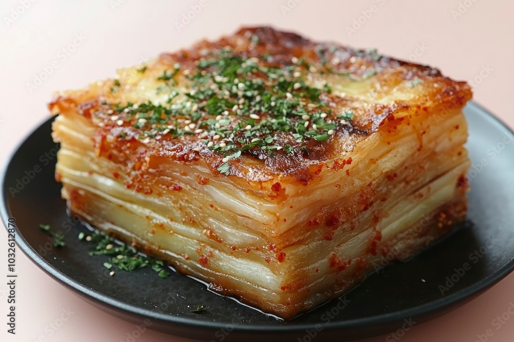 A Baked Potato Gratin with Herbs and Sesame Seeds on a Black Plate A Baked Potato Gratin with Herbs and Sesame Seeds on a Black Plate
