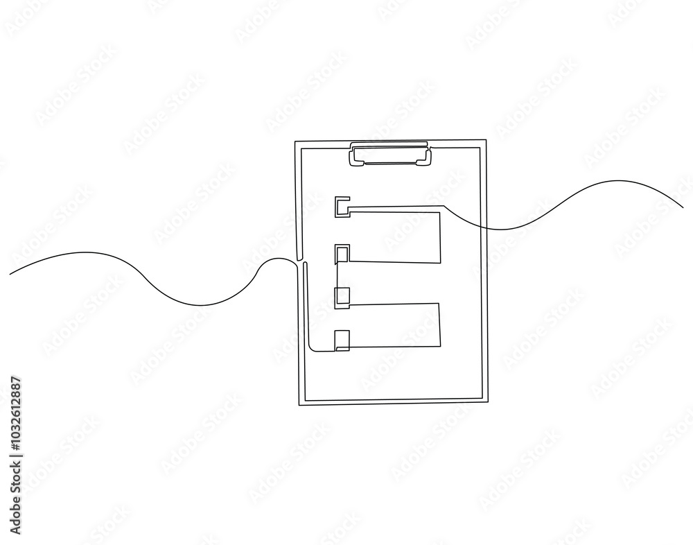 Obraz premium Continuous one line drawing of clipboard with checklist. One line drawing illustration of checklist on clipboard. Business, Survey, Report concept line art. Editable outline