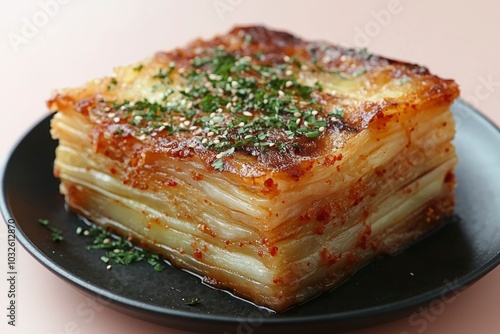 A Baked Potato Gratin with Herbs and Sesame Seeds on a Black Plate