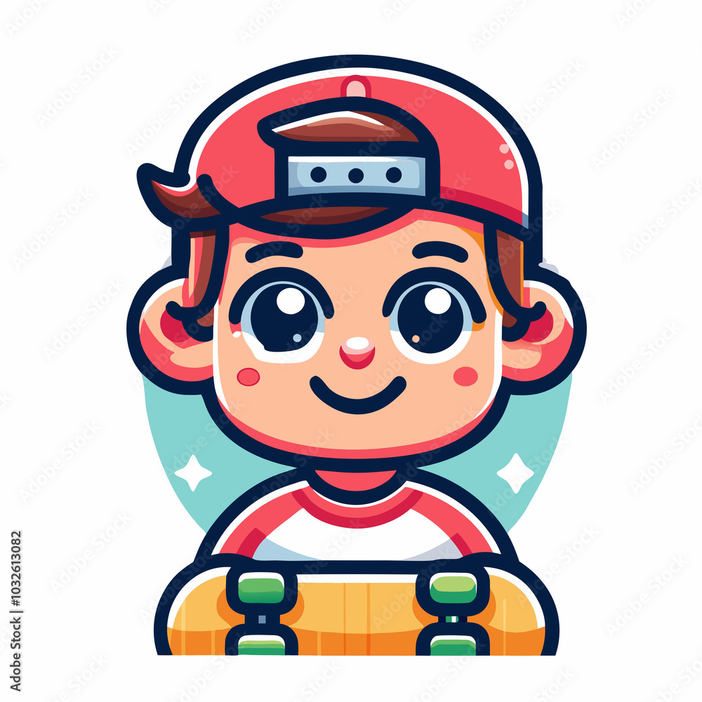 Cartoon boy with skateboard and red cap smiling cheerfully Cartoon boy with skateboard and red cap smiling cheerfully
