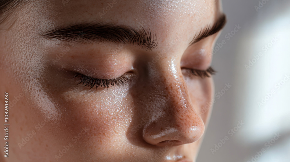 Close-up of a serene young woman with glowing skin and freckles enjoying a moment of relaxation indoors Close-up of a serene young woman with glowing skin and freckles enjoying a moment of relaxation indoors