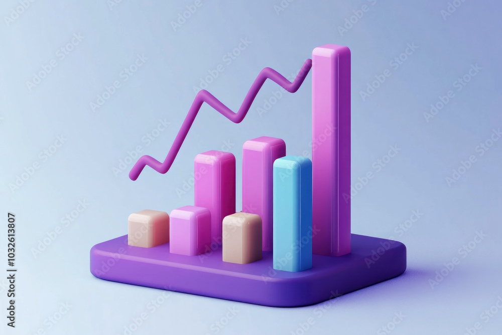 Purple and blue 3D bar chart on blue background.