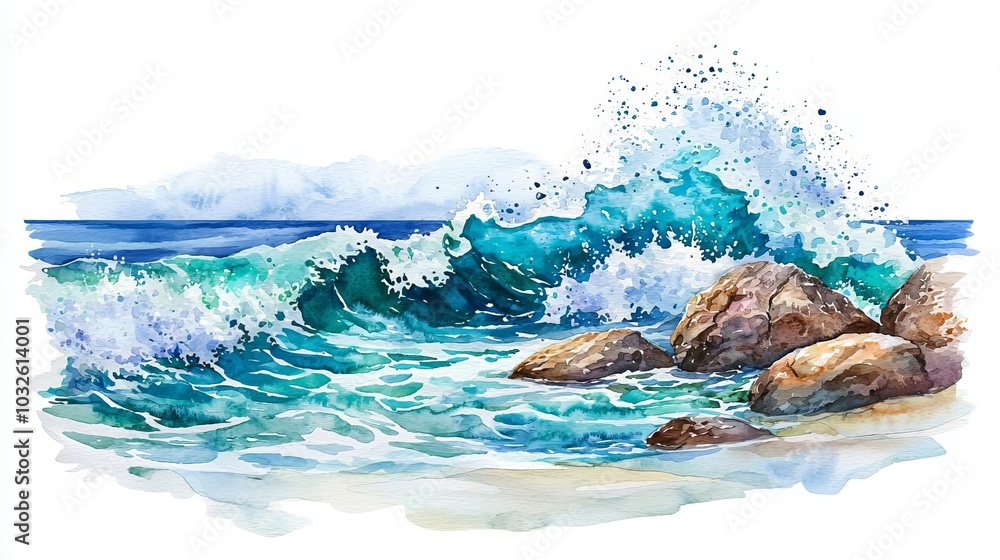 Obraz premium Ocean waves crashing over rocks, vibrant blue water, white background.