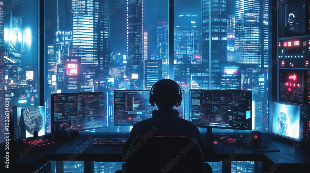 A digital nomad working from home, surrounded by multiple screens and gadgets, wearing headphones while on a virtual meeting. A sleek, high-tech desk setup, with futuristic lighting. A digital nomad working from home, surrounded by multiple screens and gadgets, wearing headphones while on a virtual meeting. A sleek, high-tech desk setup, with futuristic lighting.
