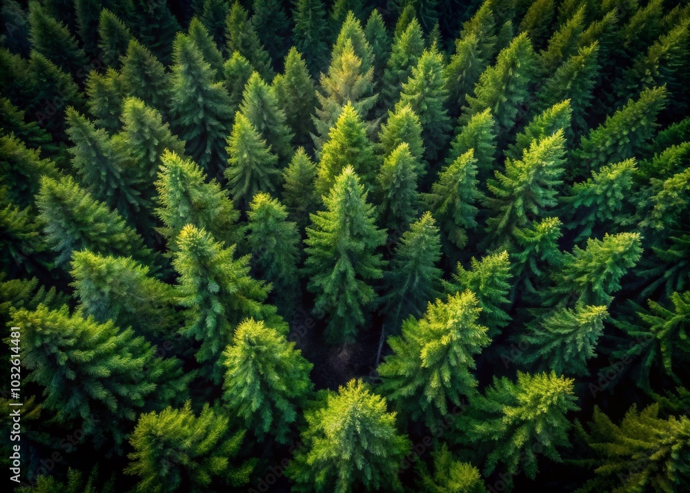 Bird Perched on Lush Evergreen Trees from Above Bird Perched on Lush Evergreen Trees from Above