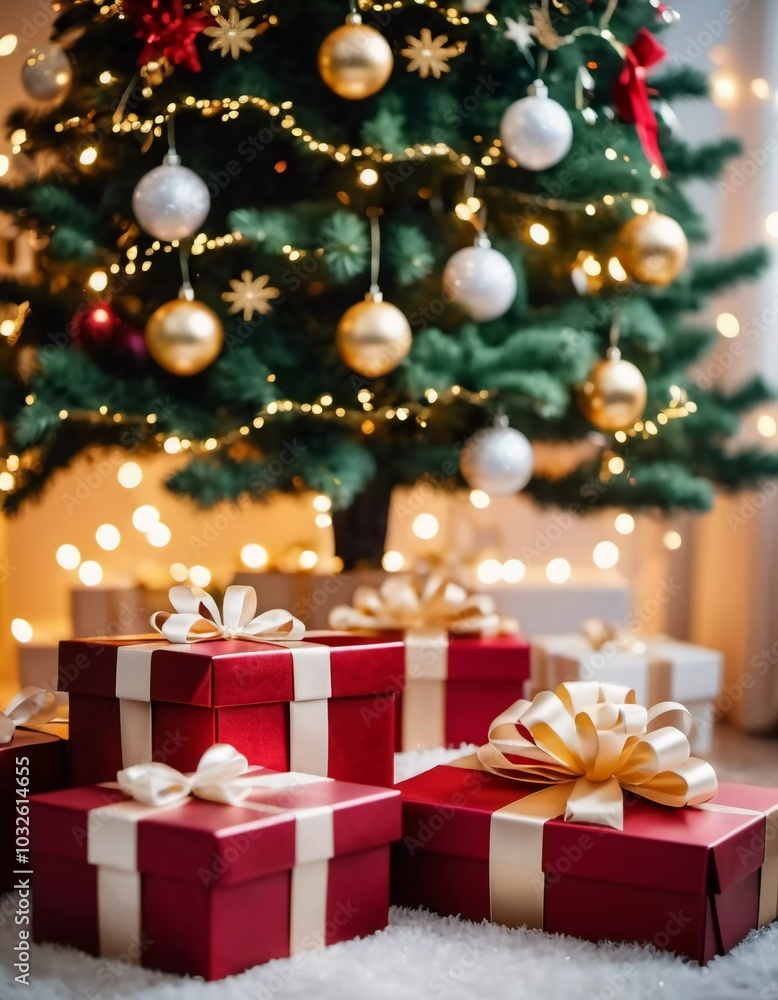 Festively wrapped gifts surrounded by colorful Christmas balls under a beautifully decorated spruce tree during the joyous New Year season. Generative AI Festively wrapped gifts surrounded by colorful Christmas balls under a beautifully decorated spruce tree during the joyous New Year season. Generative AI
