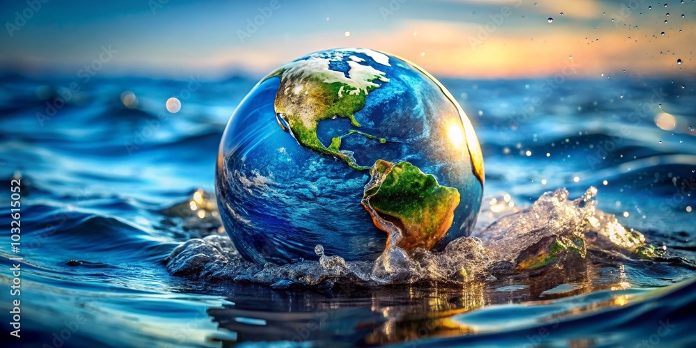 Floating Globe in Ocean Water at Sunset Floating Globe in Ocean Water at Sunset