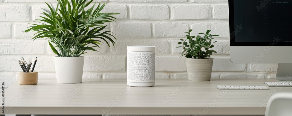 Modern workspace featuring plants, speaker, and computer on a white desk. Modern workspace featuring plants, speaker, and computer on a white desk.