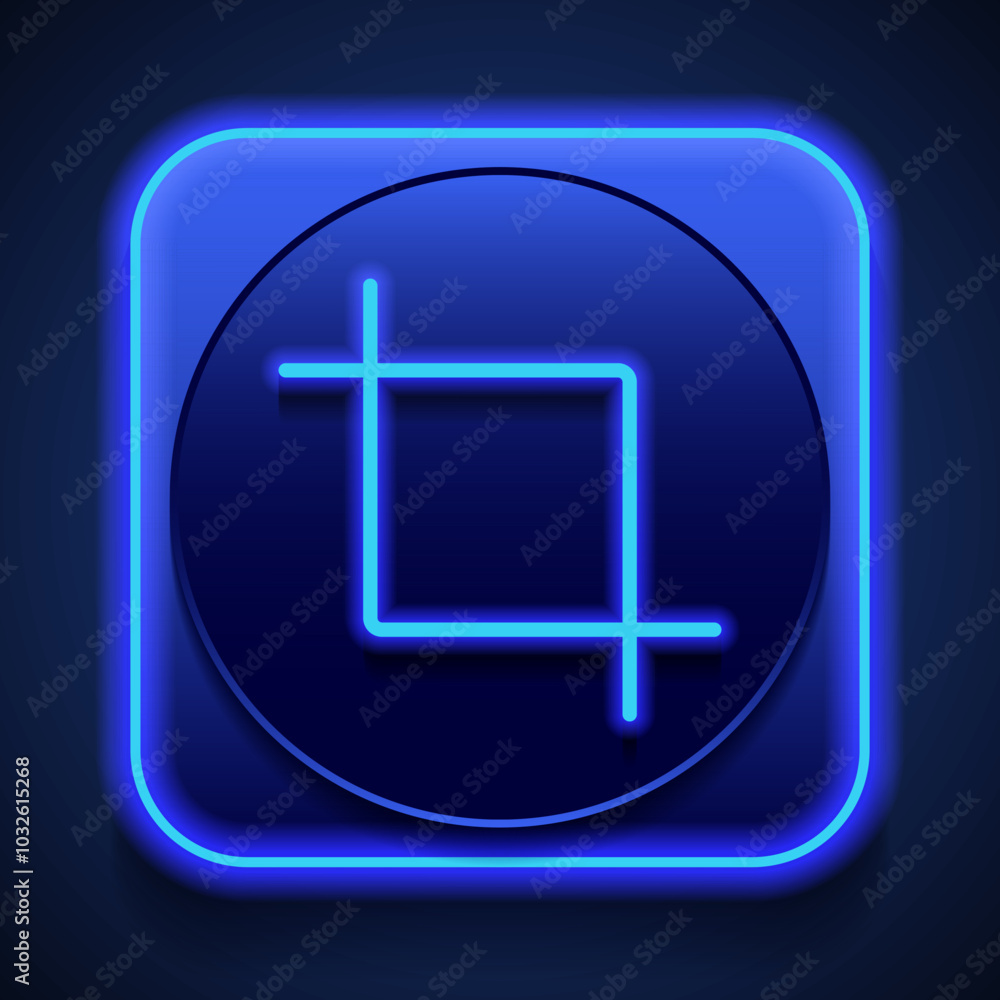 Obraz premium Crop tool simple icon vector. Flat design. Blue neon style on button. With shadow