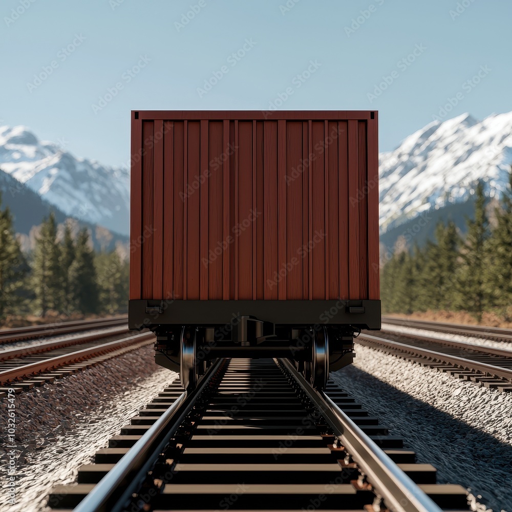 Fototapeta premium A cargo container on railway tracks against a backdrop of majestic mountains and evergreen trees.
