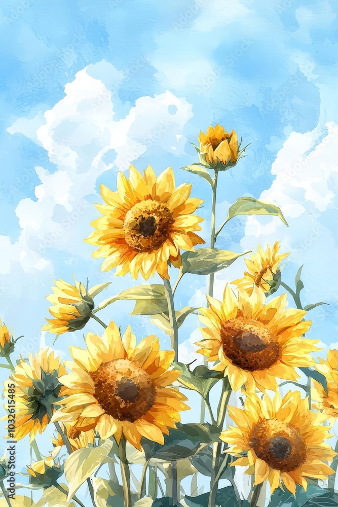 Obraz premium Vibrant sunflowers against a bright blue sky.