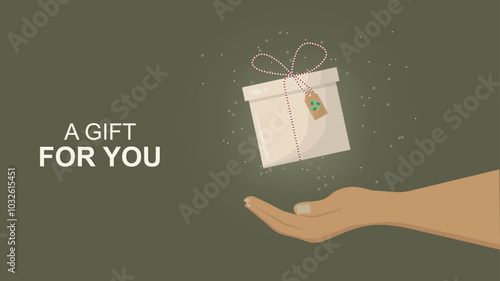 hand holding gift box on green background. Christmas gift banner. Present box, holiday package in recycled wrapping. Christmas, birthday surprises. Flat vector illustration with recycling tag
