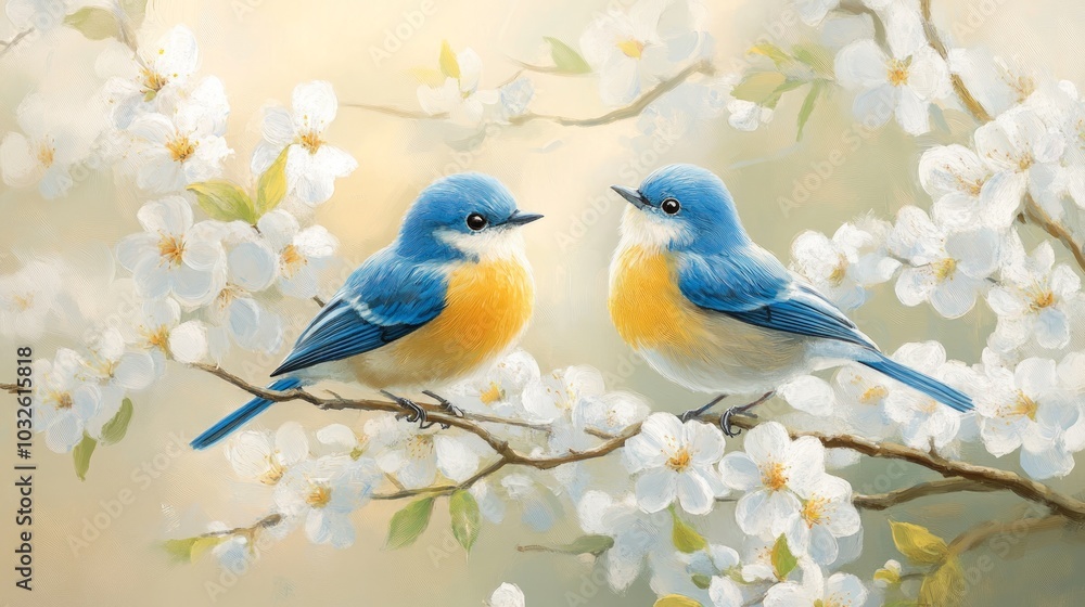 Two bluebirds perched on a branch adorned with delicate white flowers. Two bluebirds perched on a branch adorned with delicate white flowers.