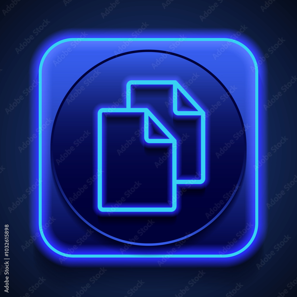 Copy, document simple icon vector. Flat design. Blue neon style on button. With shadow Copy, document simple icon vector. Flat design. Blue neon style on button. With shadow