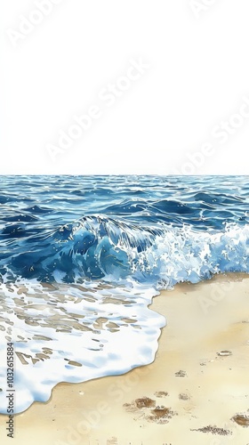 Waves crashing on sandy beach, white isolate background