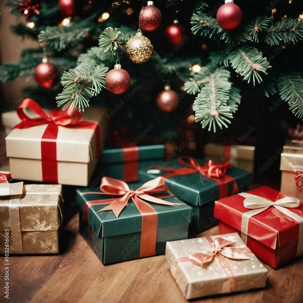 Obraz premium Festively wrapped gifts surrounded by colorful Christmas balls under a beautifully decorated spruce tree during the joyous New Year season. Generative AI