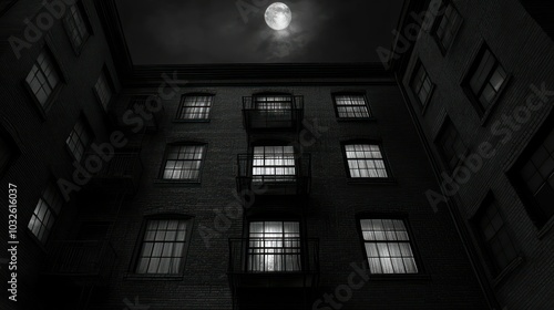 A low angle view of a brick building with windows lit up at night with the full moon in the sky.