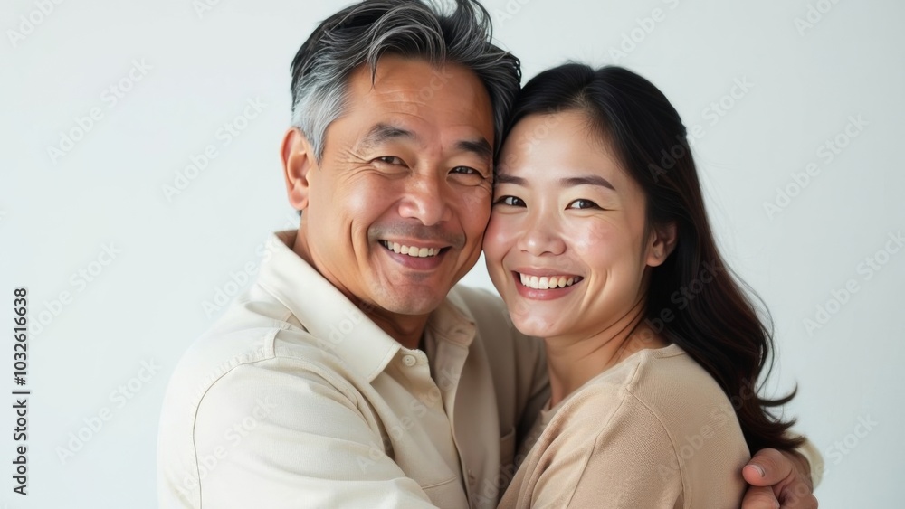 Happy smiling romantic middle aged Asian couple, man and woman hugging while looking at camera on white background. Free space for text Happy smiling romantic middle aged Asian couple, man and woman hugging while looking at camera on white background. Free space for text