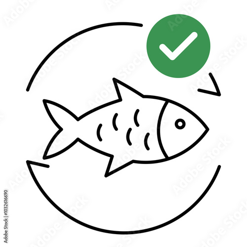 Vector icon of Sustainable Seafood. This icon shows a fish with a leaf, symbolizing responsible fishing practices.