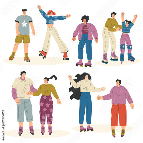 People Character Roller Skating Ride on Rollers Vector Set