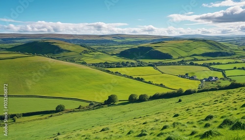 A beautiful landscape of an Irish countryside, showcasing lush green fields and rolling hills under a blue sky, Generative AI