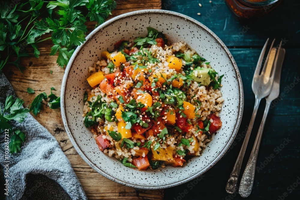 Bowl of Quinoa Salad with Tomatoes, Yellow Peppers, and Parsley Bowl of Quinoa Salad with Tomatoes, Yellow Peppers, and Parsley