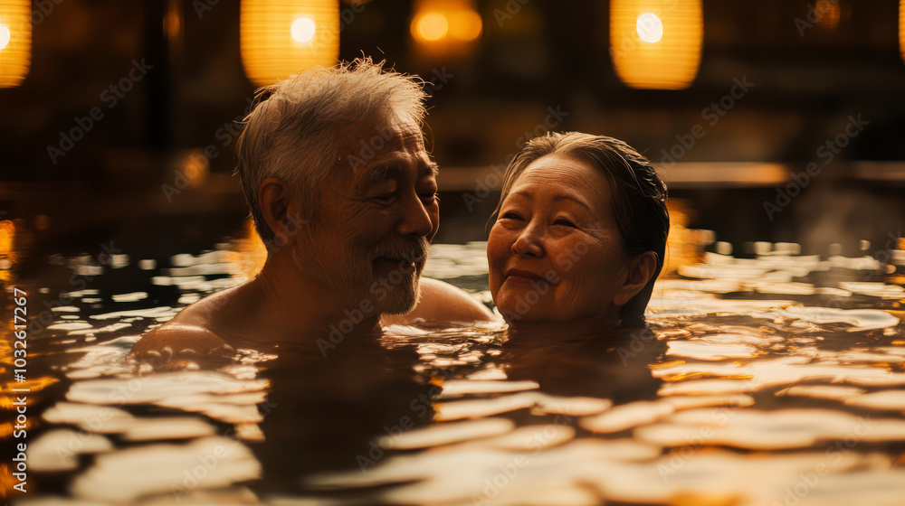 An elderly couple soaking in a private onsen, the scene peaceful and intimate, with soft light from lanterns reflecting off the water's surface. An elderly couple soaking in a private onsen, the scene peaceful and intimate, with soft light from lanterns reflecting off the water's surface.
