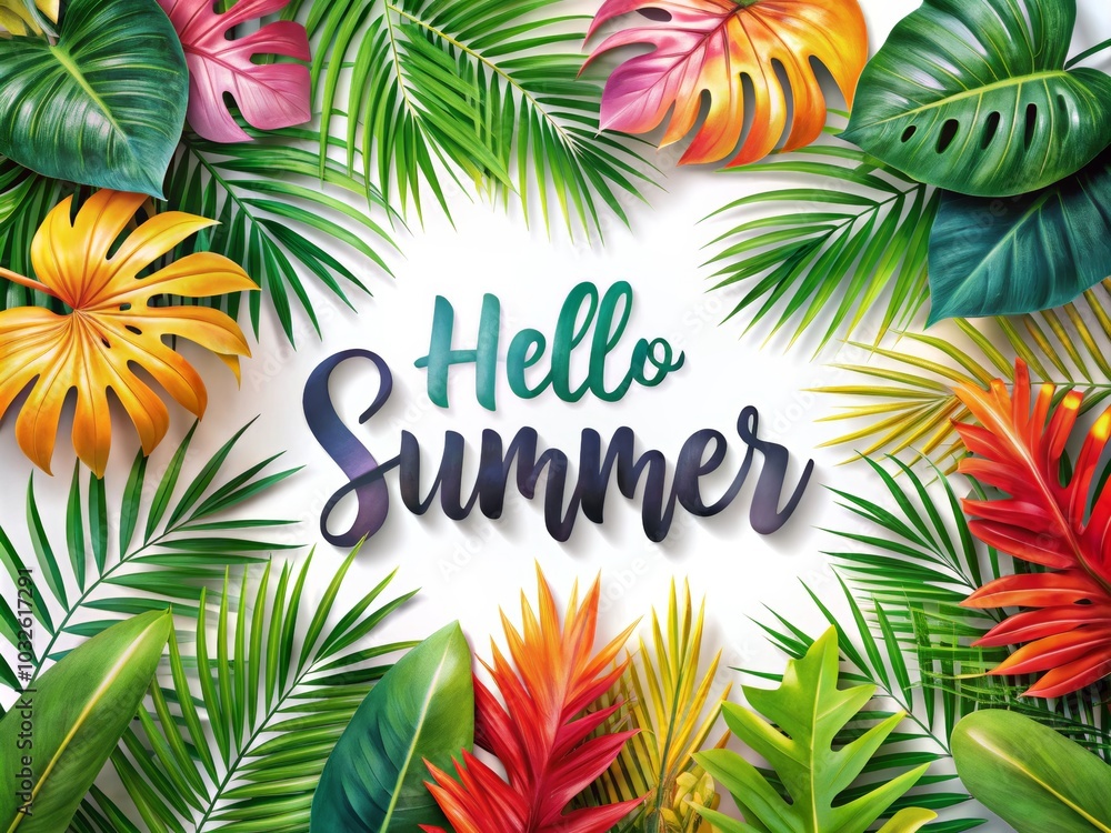Tropical Palm Leaves with Summer Greeting Design Tropical Palm Leaves with Summer Greeting Design